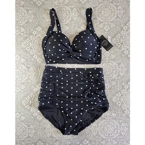 RELLECIGA Polka Dot Bikini Set High Waisted Black White Retro Swimsuit Medium
